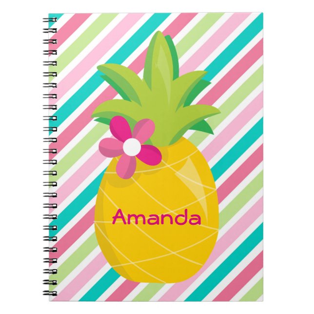Colourful Pink Stripes Yellow Pineapple Notebook (Front)