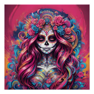 Colourful Pink Sugar Skull no c5 Glossy Poster