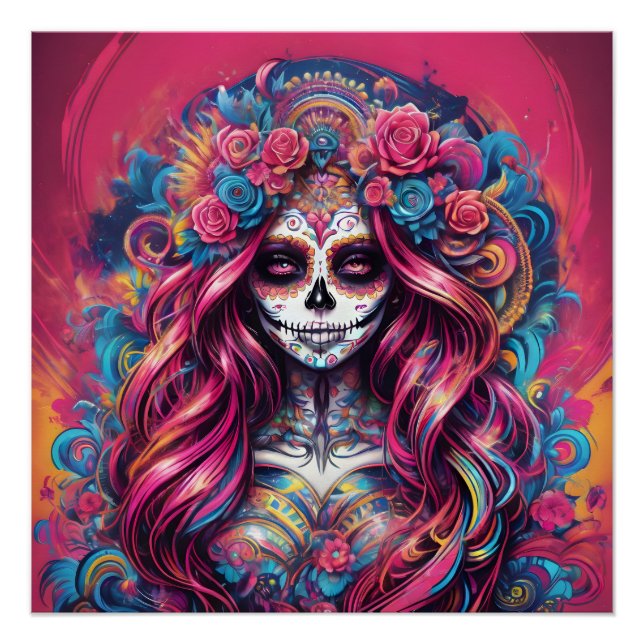 Colourful Pink Sugar Skull no c5 Glossy Poster (Front)