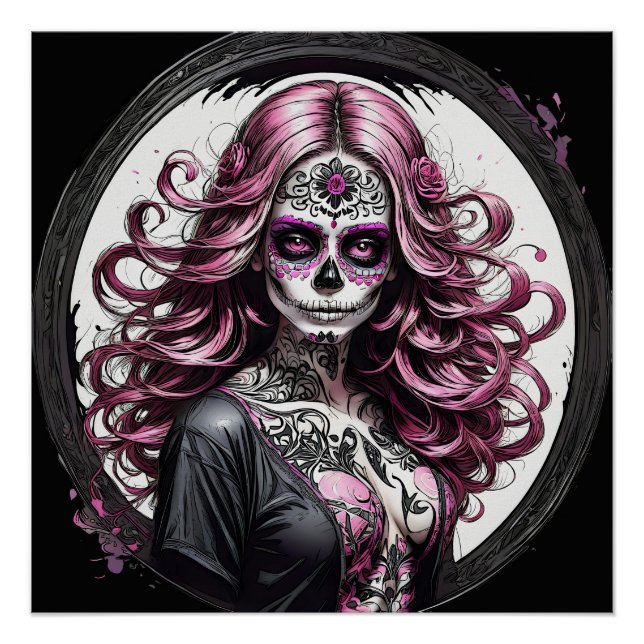 Colourful Pink Sugar Skull no p5 Glossy Poster (Front)