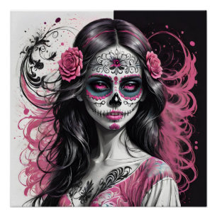 Colourful Pink Sugar Skull no p6 Glossy Poster