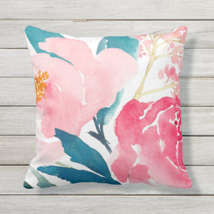 Colourful Pink & Teal Painted Outdoor Accent Cushion
