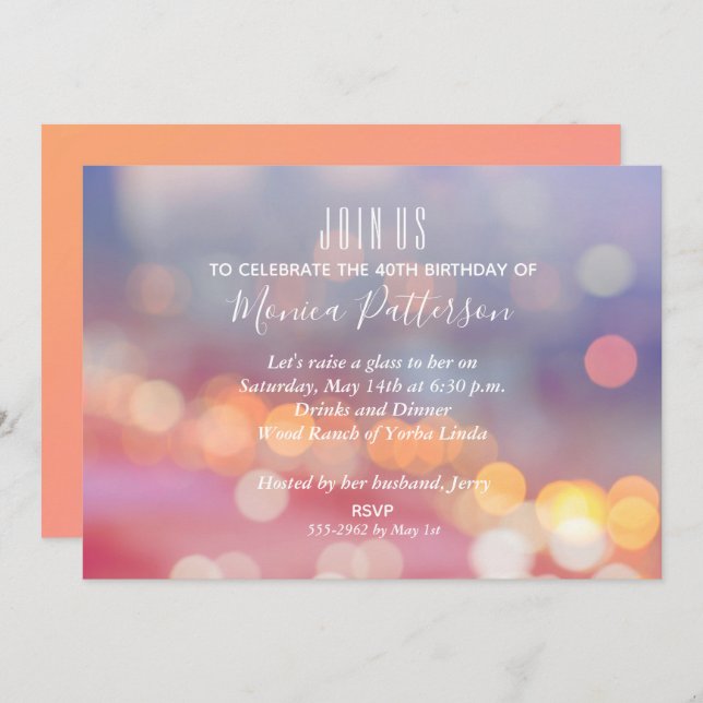 Colourful Pink to Blue Bokeh Birthday Invitations (Front/Back)