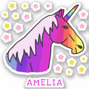 Colourful Pink Unicorn and Stars Name Kids Sticker