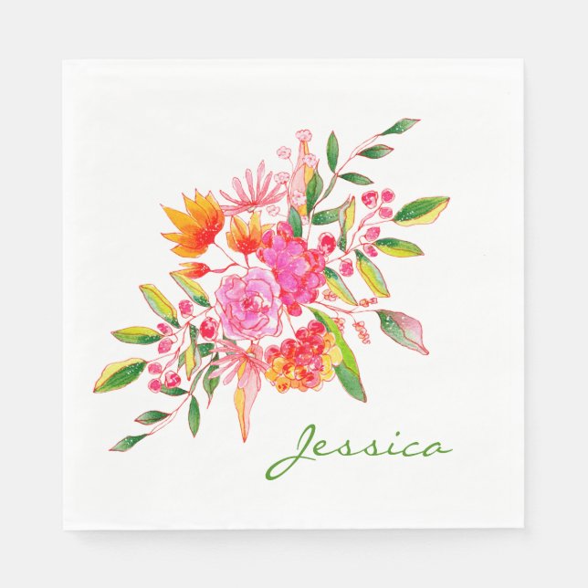 Colourful Pink Watercolor Floral Art Personalised  Napkin (Front)