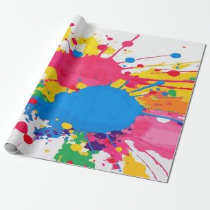 Colourful Pink, Yellow, and Blue Splatter Paint Pa Wrapping Paper