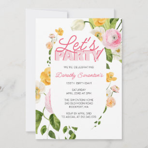 Colourful Pink Yellow Spring Flowers 100th Birthda Invitation