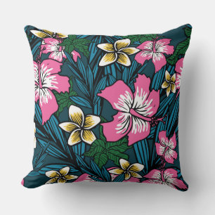 Colourful Pink Yellow Teal Polynesian Floral Pillo Cushion