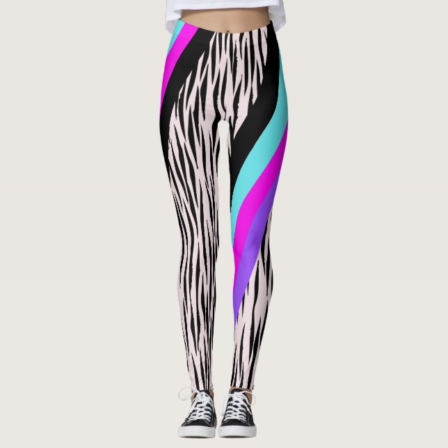 Colourful Pink Zebra Animal Print Leggings (Front)