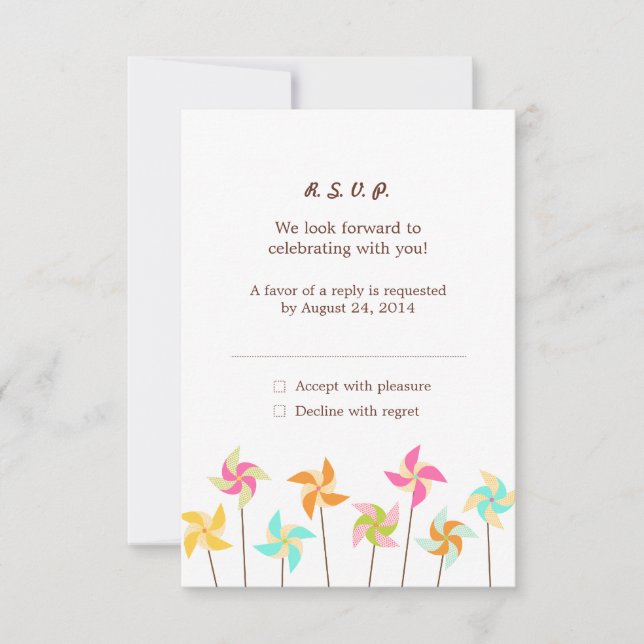 Colourful Pinwheel Themed Wedding RSVP Card (Front)
