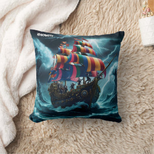 Colourful Pirate Ship Battling Stormy Seas Cushion