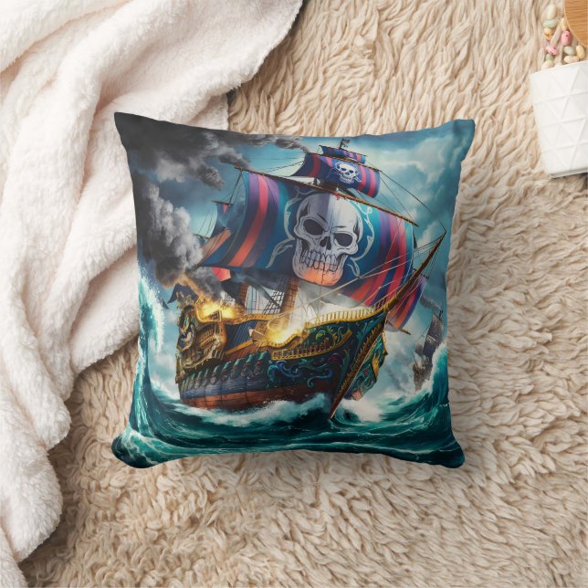 Colourful Pirate Ship Battling Turbulent Seas Cushion (Blanket)