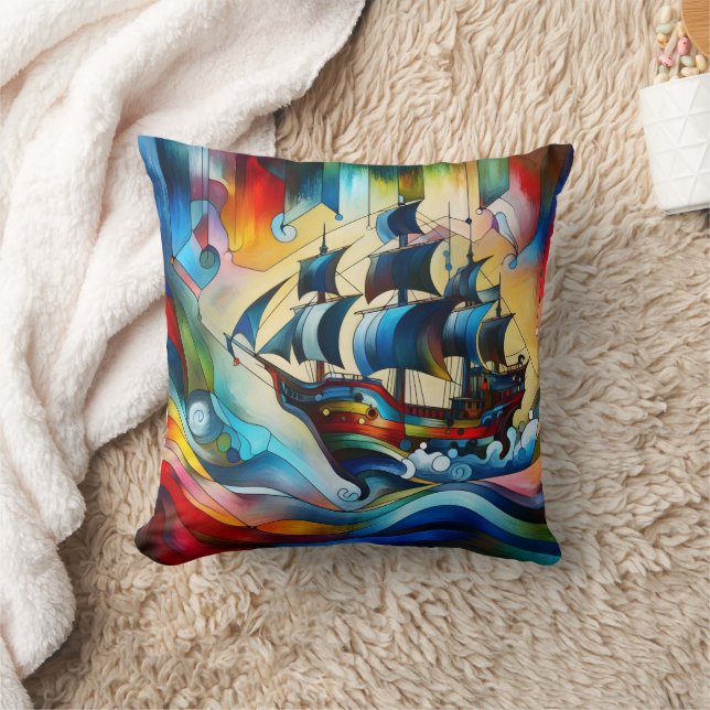 Colourful Pirate Ship in Abstract Waves Cushion (Blanket)