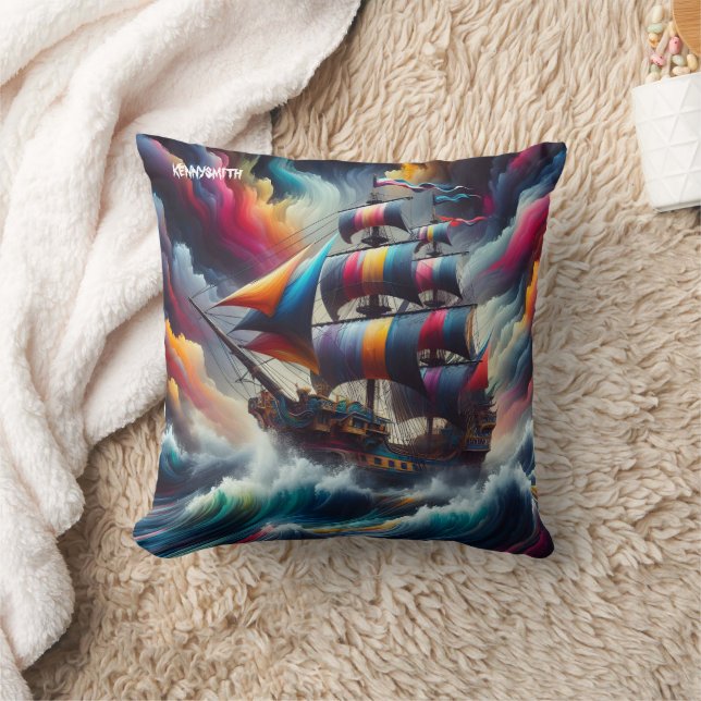 Colourful Pirate Ship Navigates Stormy Seas Cushion (Blanket)