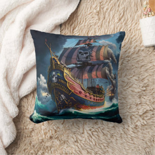 Colourful Pirate Ship Navigating Stormy Seas Cushion