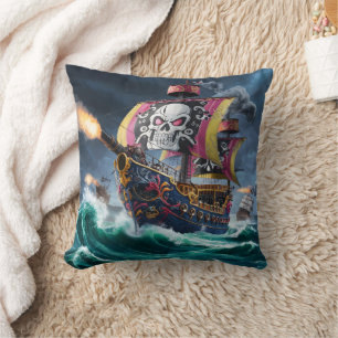 Colourful Pirate Ship Navigating Stormy Seas Cushion