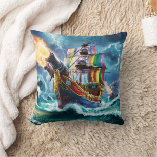 Colourful Pirate Ship Navigating Stormy Seas Cushion