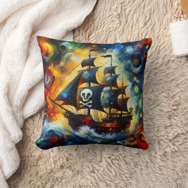 Colourful Pirate Ship Navigating Stormy Seas Cushion (Blanket)