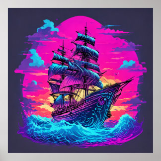 Colourful Pirate Ship Poster