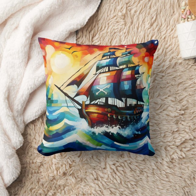 Colourful Pirate Ship Sailing at Sunset Cushion (Blanket)