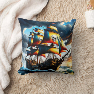 Colourful Pirate Ship Sailing in a Stormy Sky Cushion