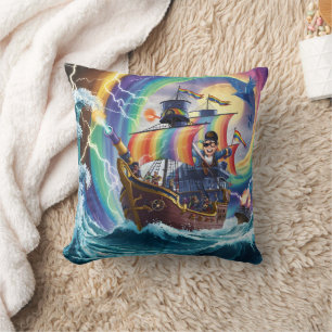Colourful Pirate Ship Sailing Through Stormy Seas Cushion