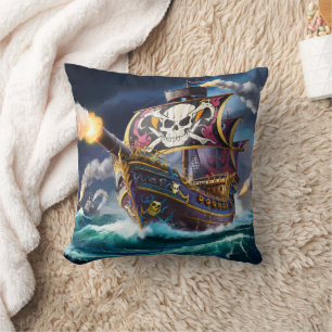 Colourful Pirate Ship Sailing Through Stormy Seas Cushion