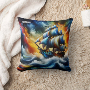 Colourful Pirate Ship Sailing Through Stormy Water Cushion