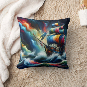 Colourful Pirate Ship Sailing Through Vibrant Wave Cushion