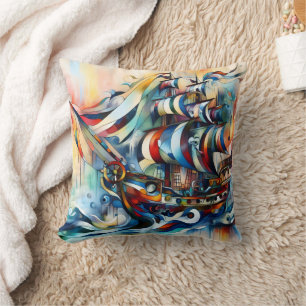 Colourful Pirate Ship Sailing Through Vibrant Wave Cushion