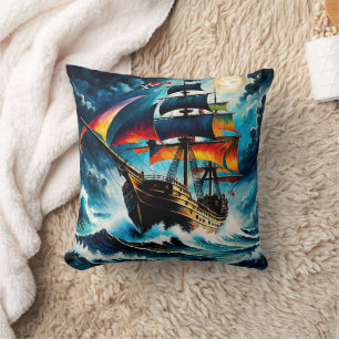 Colourful Pirate Ship Sailing Under A Full Moon Cushion