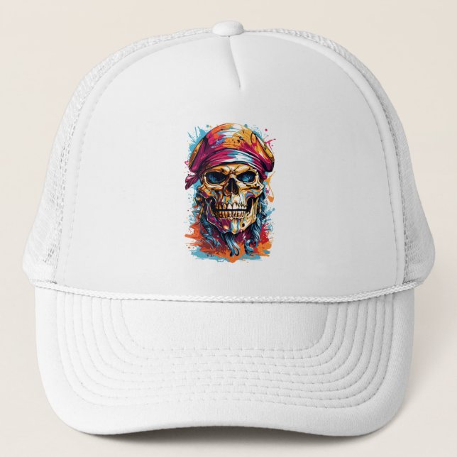 Colourful Pirate Skull Trucker Hat (Front)