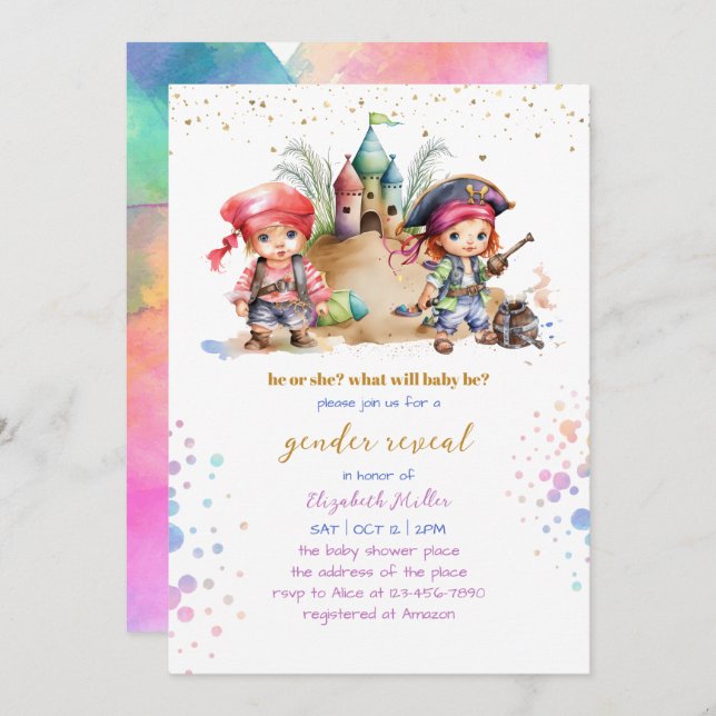 Colourful Pirates Playful Funny Gender Reveal Invitation (Front/Back)