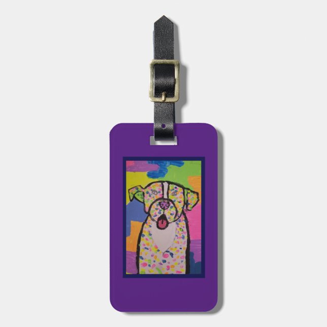 Colourful pit bull design on luggage tag (Front Vertical)