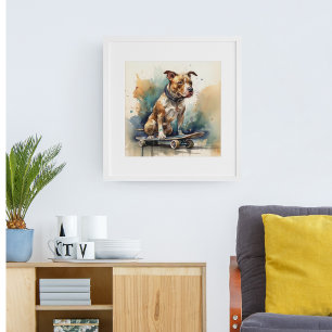 colourful  pittbul sitting on skateboard poster