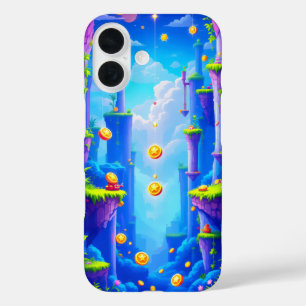 Colourful pixel world with floating platforms coin iPhone 16 case