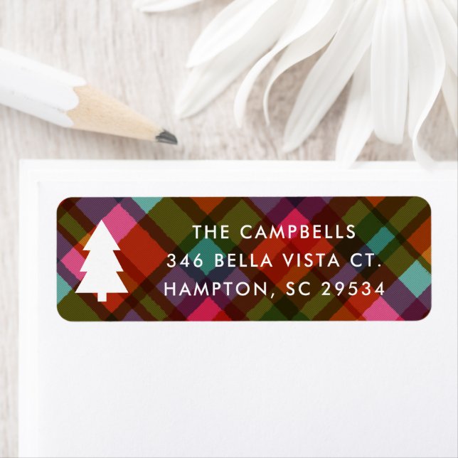 Colourful Plaid Christmas Tree Return Address Label (Insitu)
