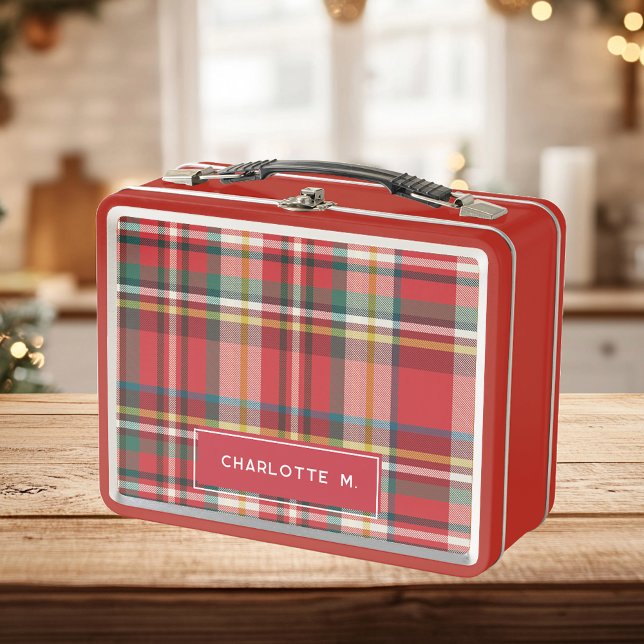 Colourful Plaid Classic Personalised Kids Name Metal Lunch Box (Red Gingham Red Lunch Box Personalized)
