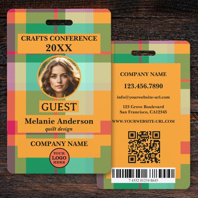 Colourful Plaid Conference Photo ID Badge (Conference guest photo ID badge featuring your custom photo and logo on a colorful plaid design)
