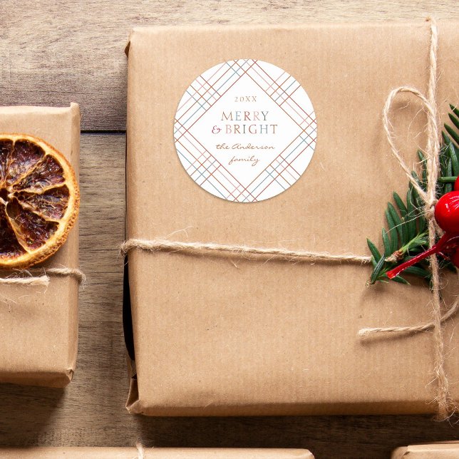 Colourful Plaid Merry & Bright Family Name Classic Round Sticker (Creator Uploaded)