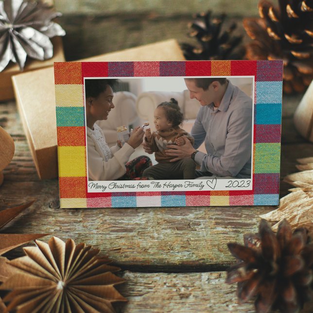 Colourful Plaid Merry Christmas Photo Horizontal Holiday Card (Creator Uploaded)
