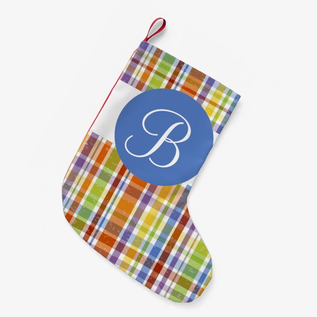 Colourful plaid monogram Christmas stocking (Front (Hanging))