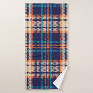 Colourful plaid pattern in blue, orange, beige. He Bath Towel