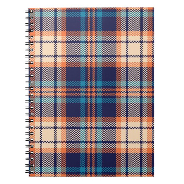 Colourful plaid pattern in blue, orange, beige. He Notebook (Front)