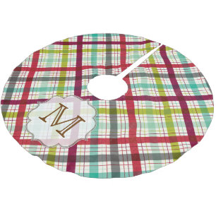 Colourful Plaid Tartan Monogram Initial Tree Skirt