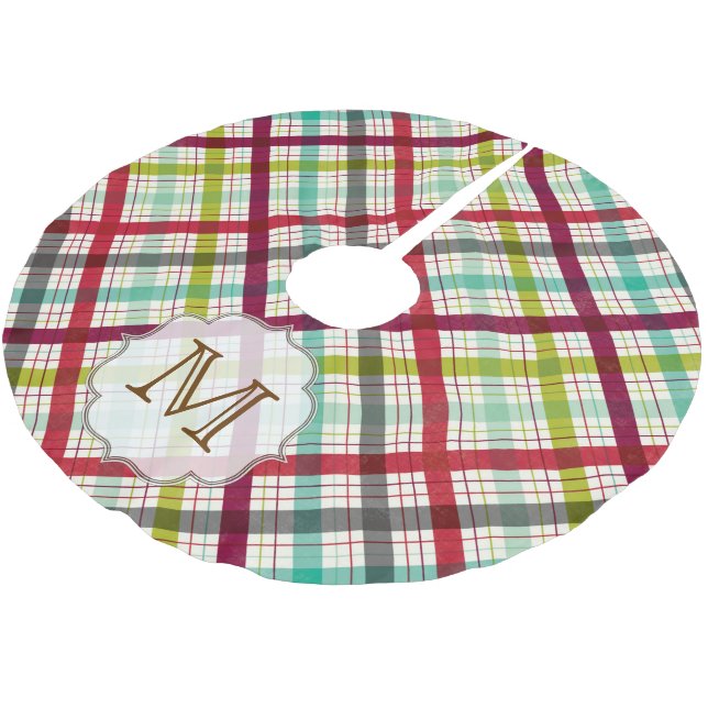 Colourful Plaid Tartan Monogram Initial Tree Skirt (Angled)