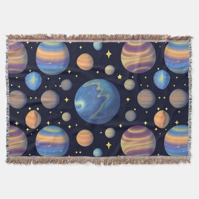 Colourful Planets and Stars in Outer Space Throw Blanket (Front)