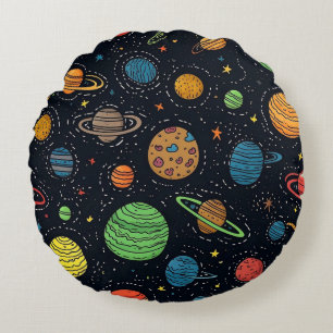Colourful Planets and Stars Seamless Pattern  Round Cushion