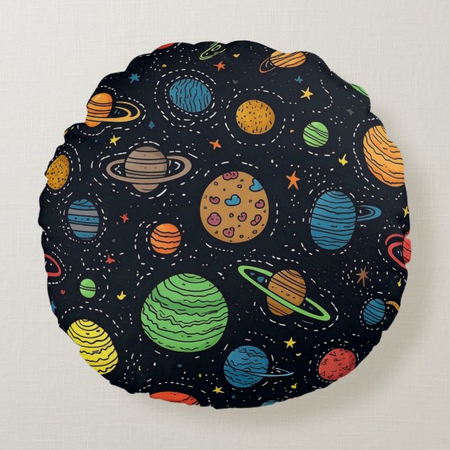 Colourful Planets and Stars Seamless Pattern  Round Cushion (Front)
