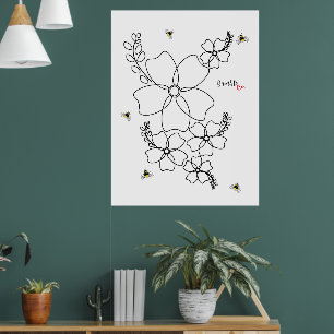 Colourful plants and bumblebee watercolor design poster